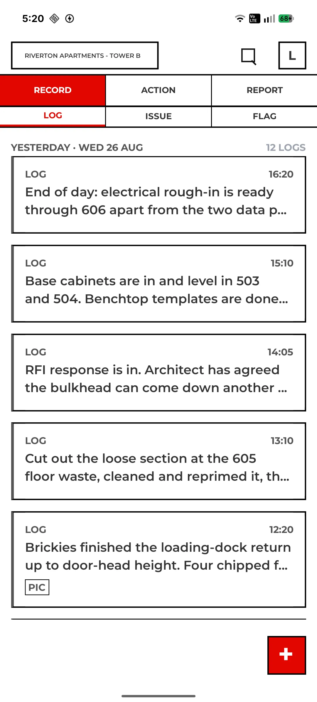 LARD Android site record screen showing dated logs for one project day.